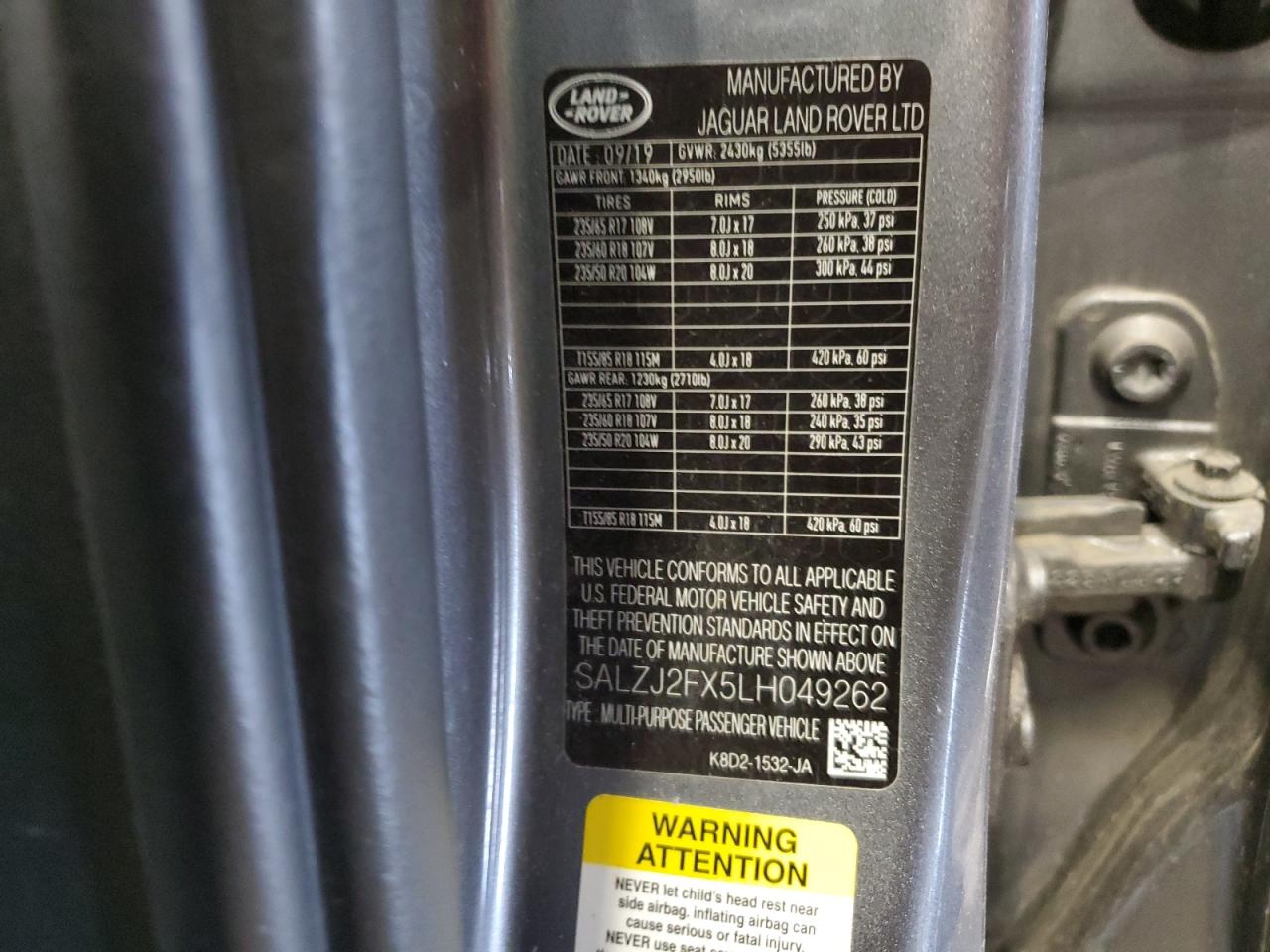 2020 Land Rover Rangerover VIN: SLAZJ2FX5LH049262 Lot: 46073035