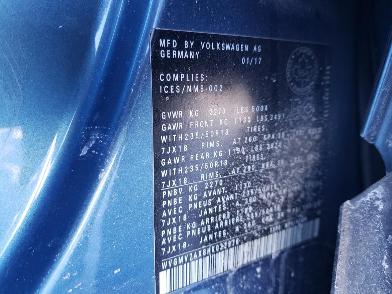 2017 Volkswagen Tiguan Com VIN: WVGMVZAX8HK022976 Lot: 43806905