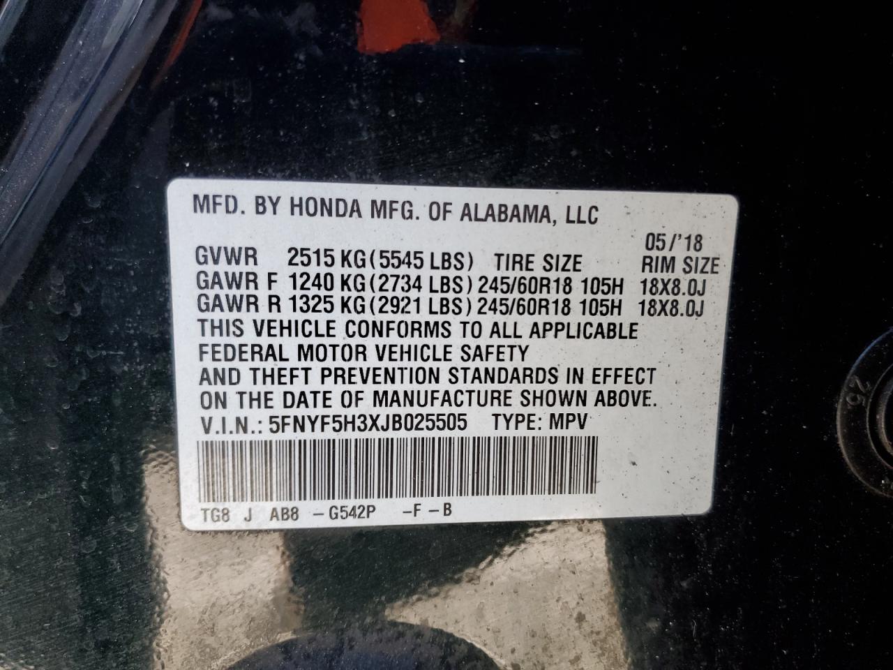 2018 Honda Pilot Ex VIN: 5FNYF5H3XJB025505 Lot: 46190375