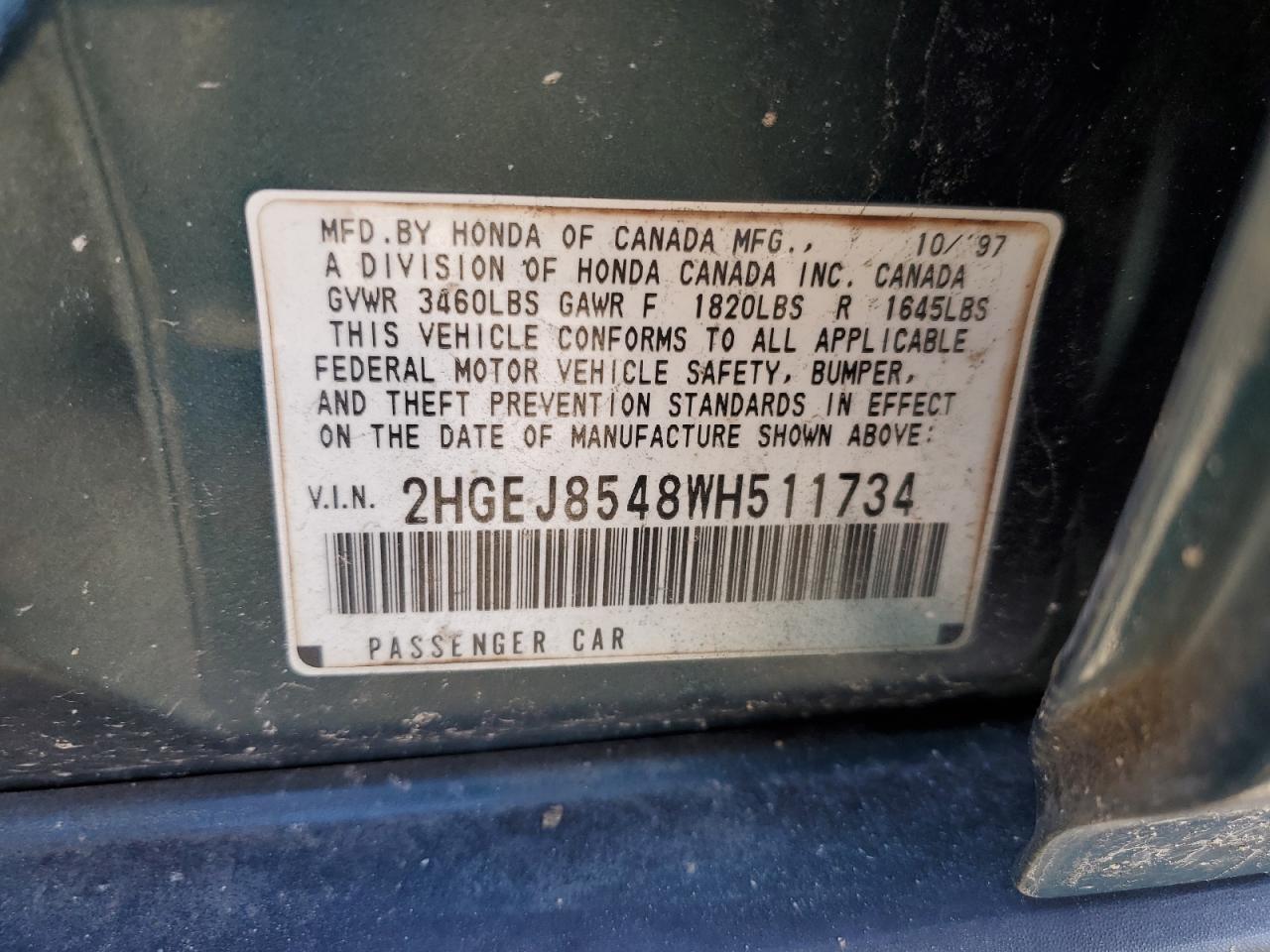 1998 Honda Civic Ex VIN: 2HGEJ8548WH511734 Lot: 46406175