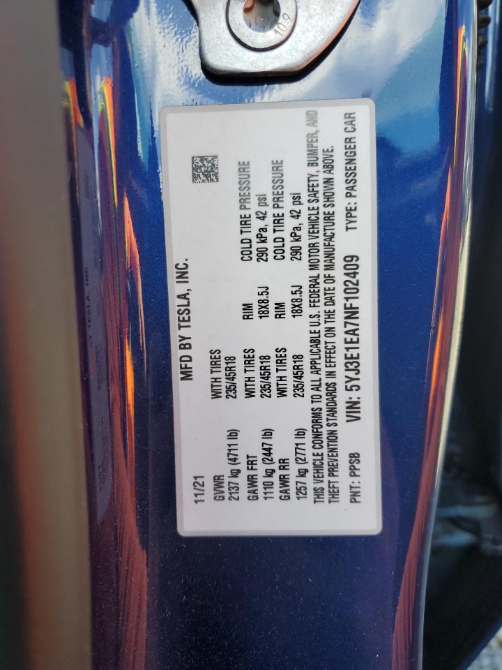 2022 Tesla Model 3 VIN: 5YJ3E1EA7NF102409 Lot: 43079135