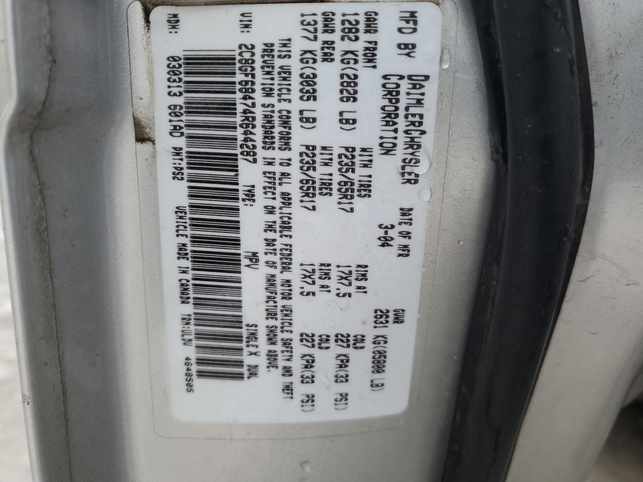 2004 Chrysler Pacifica VIN: 2C8GF68474R644287 Lot: 43353355