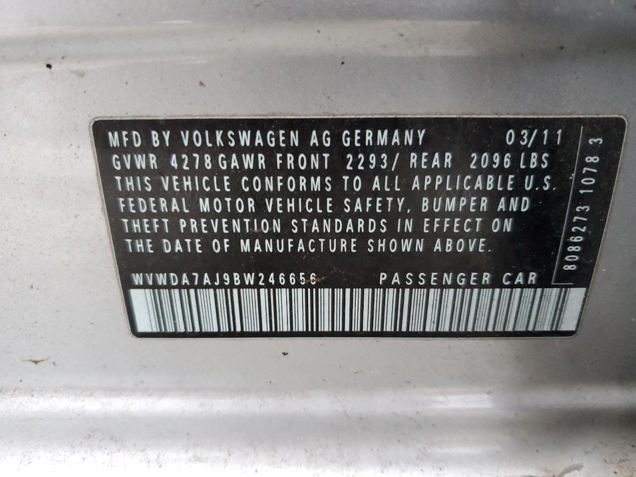 2011 Volkswagen Golf VIN: WVWDA7AJ9BW246656 Lot: 44209385