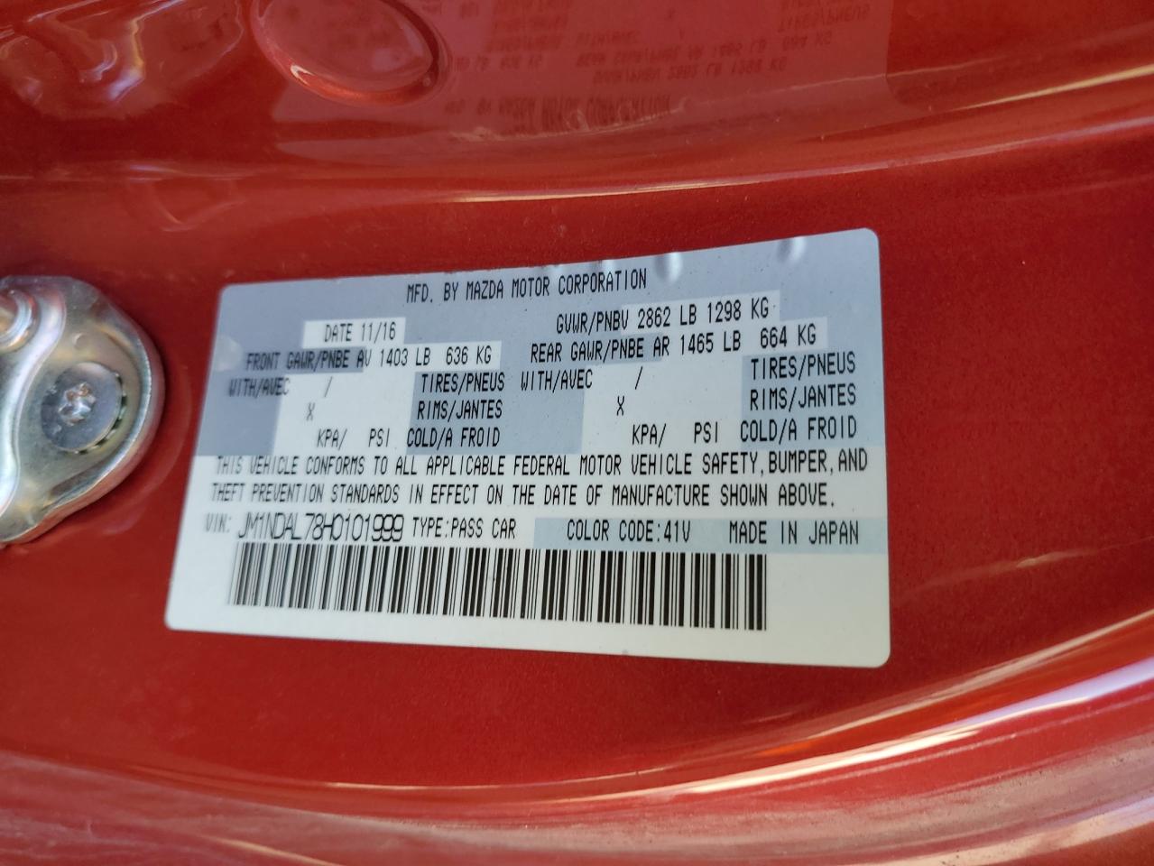 2017 Mazda Mx-5 Miata VIN: M1NDAL78H0101999 Lot: 44216035