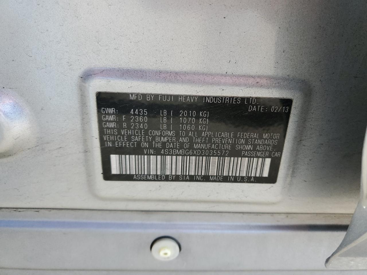 2013 Subaru Legacy 2.5I Premium VIN: 4S3BMBG6XD3035572 Lot: 45972515