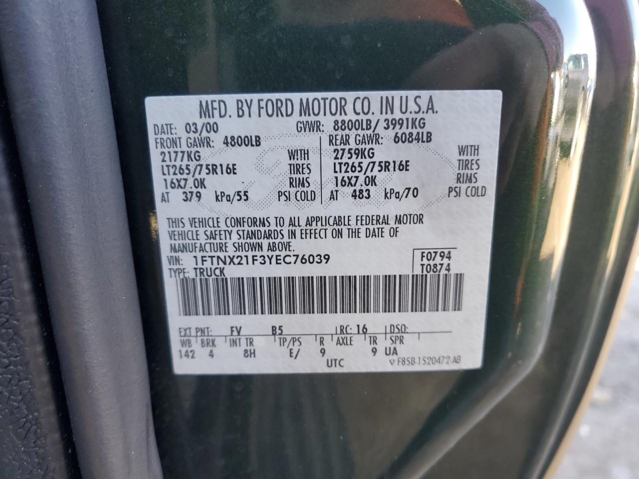 2000 Ford F250 Super Duty VIN: 1FTNX21F3YEC76039 Lot: 45083395