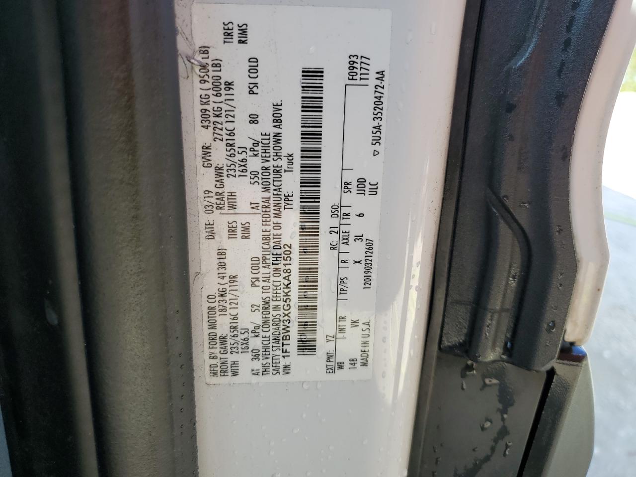 2019 Ford Transit T-350 VIN: 1FTBW3XG5KKA81502 Lot: 43162455