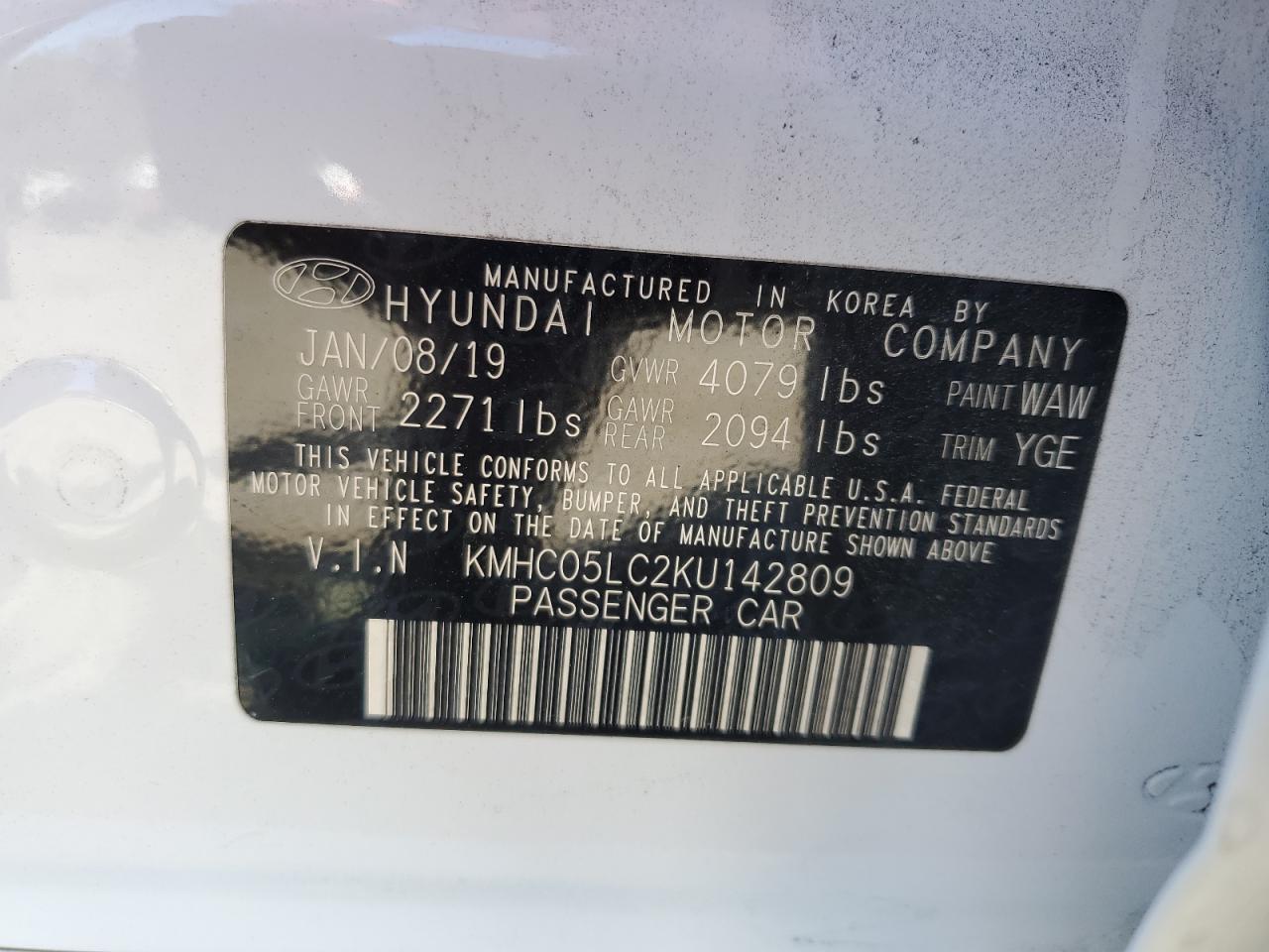 2019 Hyundai Ioniq Limited VIN: KMHC05LC2KU142809 Lot: 44714645