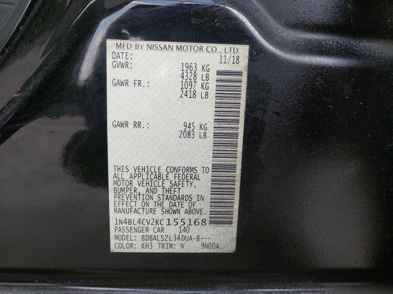 1N4BL4CV2KC155168 - 2019 Nissan ALTIMA - #43307505