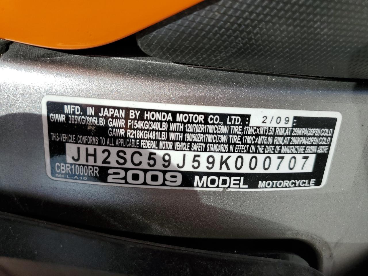 2009 Honda Cbr1000 Rr VIN: JH2SC59J59K000707 Lot: 45453645