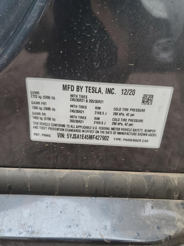 2021 Tesla Model S VIN: 5YJSA1E45MF427902 Lot: 43401575