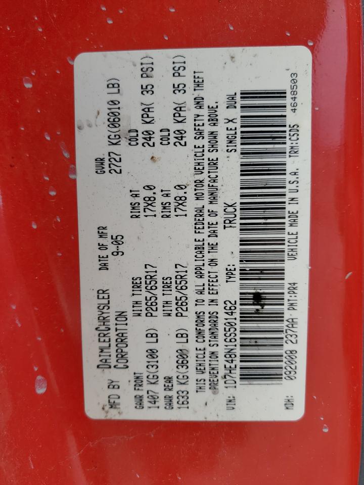 2006 Dodge Dakota Quad Slt VIN: 1D7HE48N16S501462 Lot: 43990995