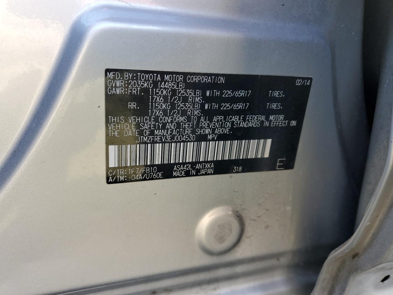 2014 Toyota Rav4 Le VIN: JTMZFREV3EJ004530 Lot: 45158905