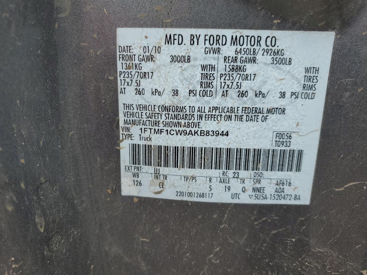 2010 Ford F150 VIN: 1FTMF1CW9AKB83944 Lot: 46599375
