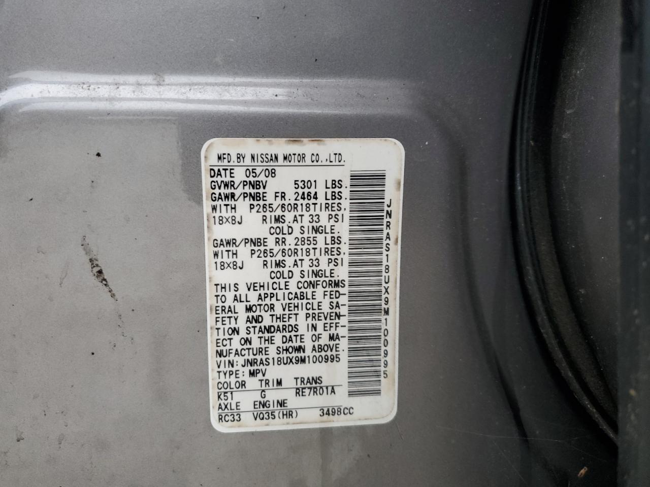 2009 Infiniti Fx35 VIN: JNRAS18UX9M100995 Lot: 45493795