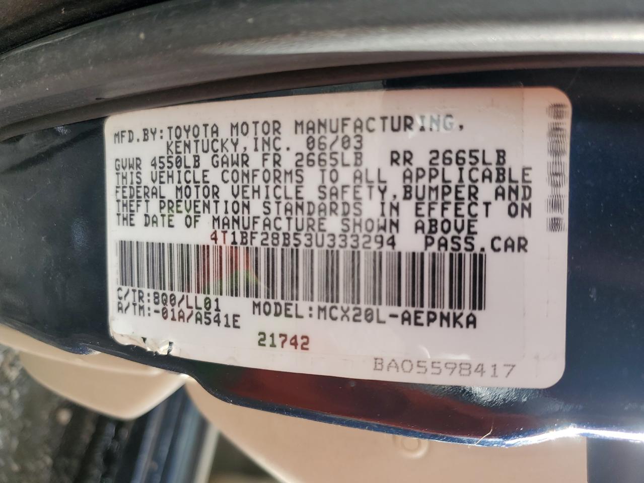 2001 Toyota Avalon Xl VIN: 4T1BF28B53U333294 Lot: 42828315
