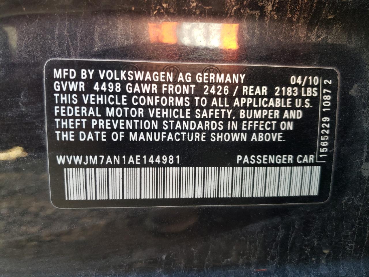 2010 Volkswagen Passat VIN: WVWJM7AE144981 Lot: 88792805