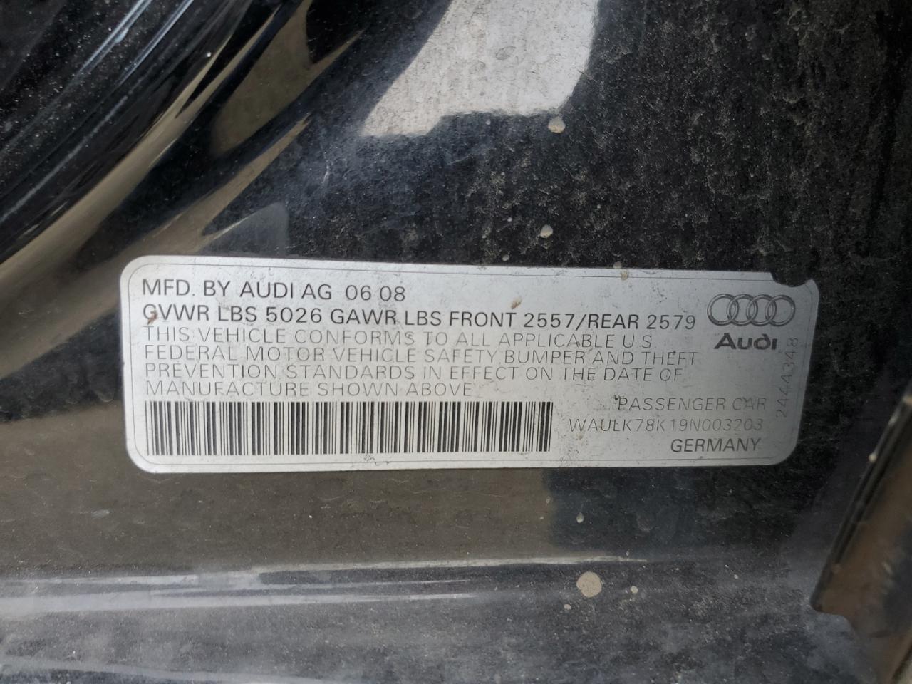 2009 Audi A4 3.2 Quattro VIN: WAULK78K19N003203 Lot: 44764985