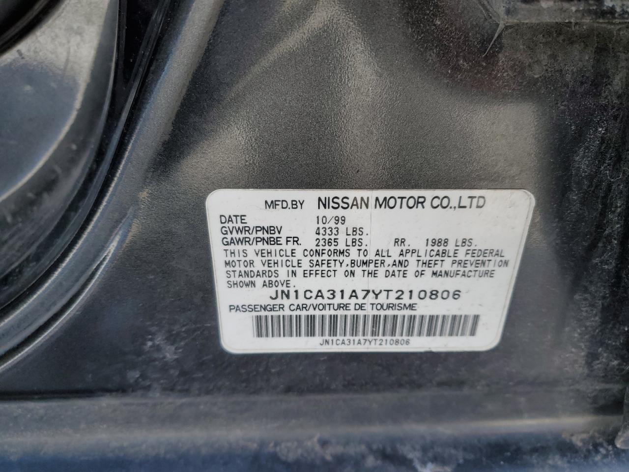 2000 Nissan Maxima Gle VIN: JN1CA31A7YT210806 Lot: 57309575