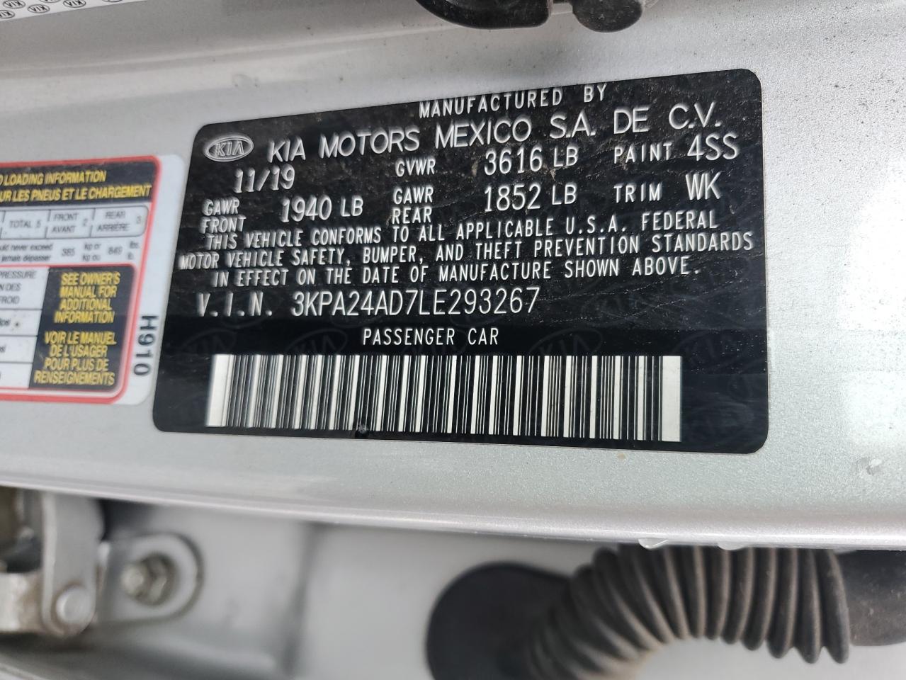 2020 Kia Rio Lx VIN: 3KPA24AD7LE293267 Lot: 46460105