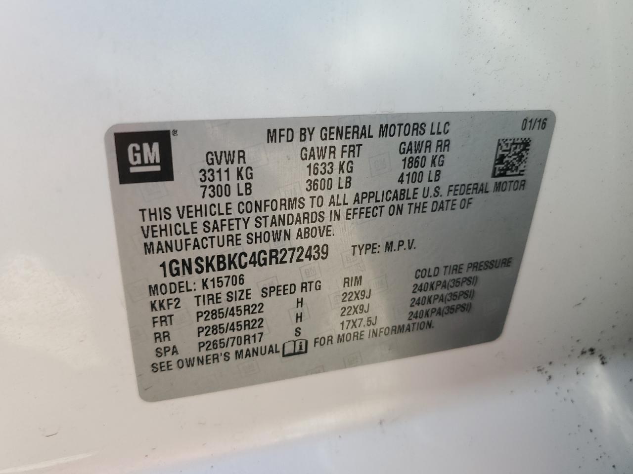 2016 Chevrolet Tahoe K1500 Lt VIN: 1GNSKBKC4GR272439 Lot: 70883345