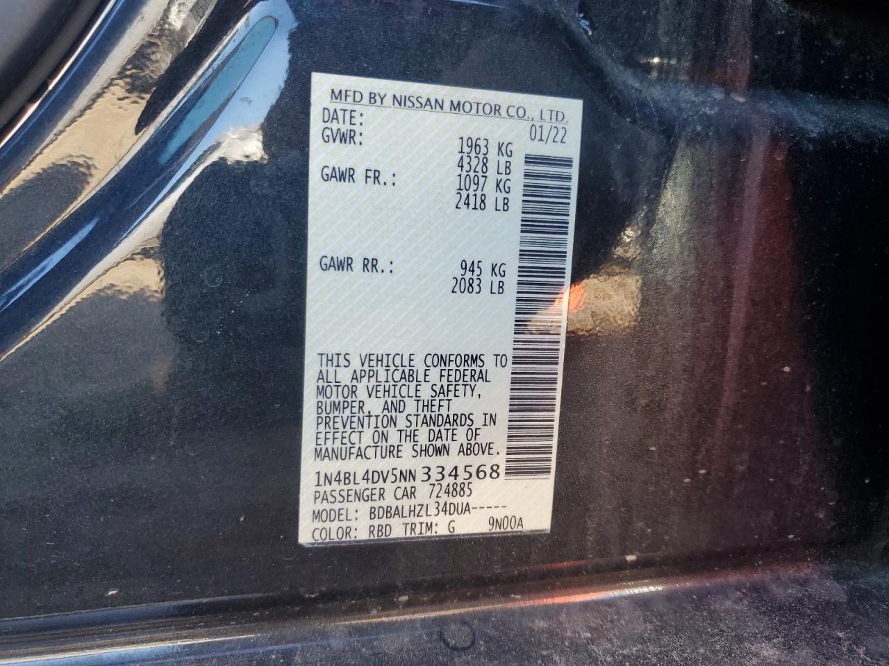 2022 Nissan Altima Sv VIN: 1N4BL4DV5NN334568 Lot: 59736695