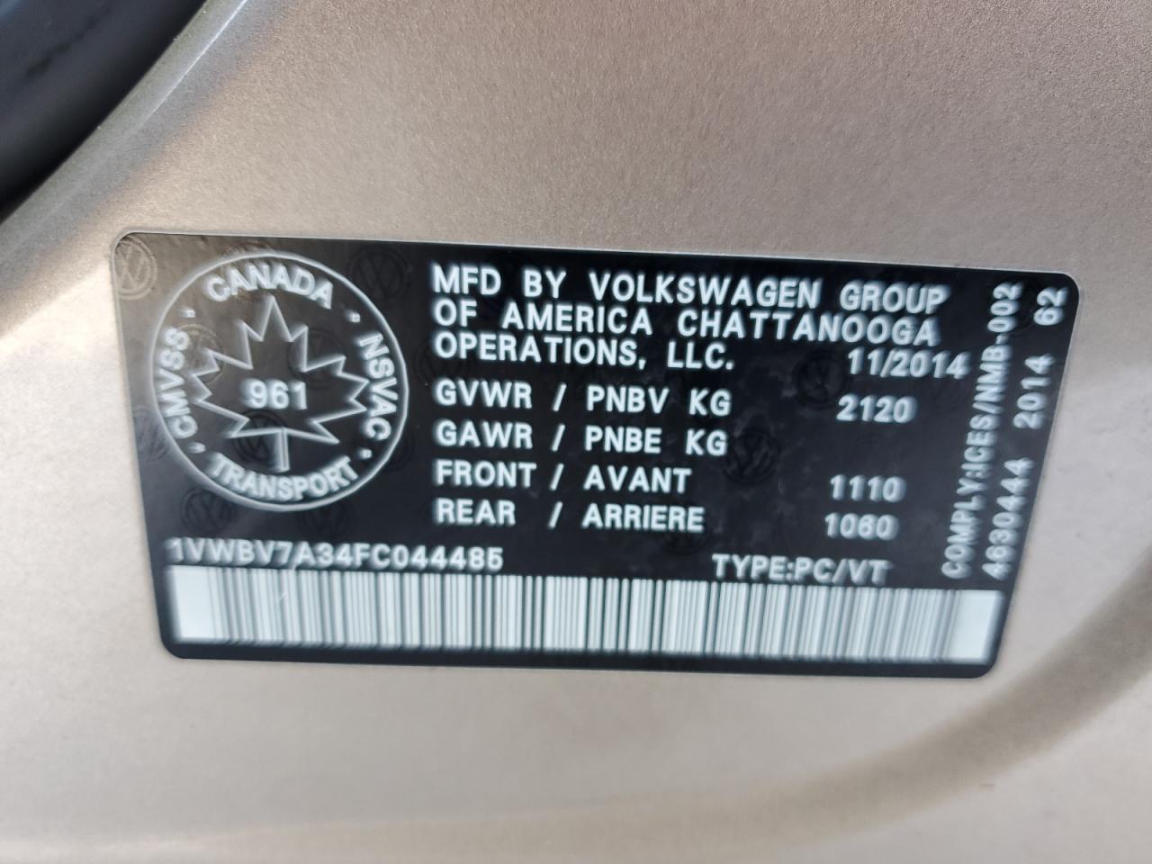 2015 Volkswagen Passat Se VIN: 1VWBV7A34FC044485 Lot: 41762995