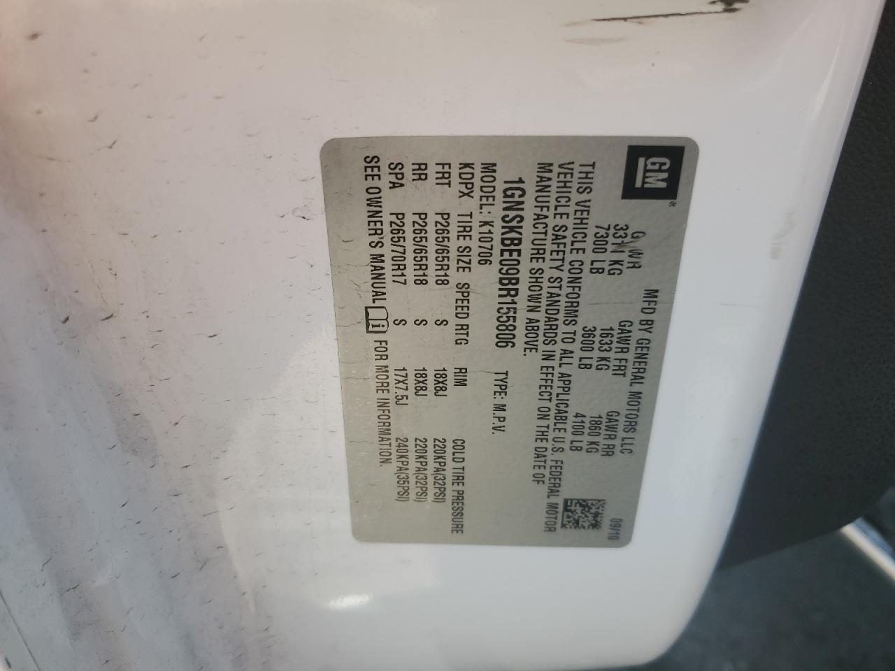 2011 Chevrolet Tahoe K1500 Lt VIN: 1GNSKBE09BR155806 Lot: 86081765