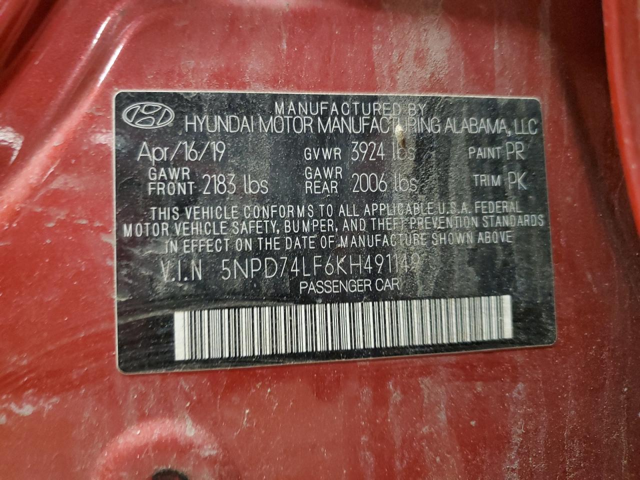 2019 Hyundai Elantra Se VIN: 5NPD74LF6KH491149 Lot: 45762615