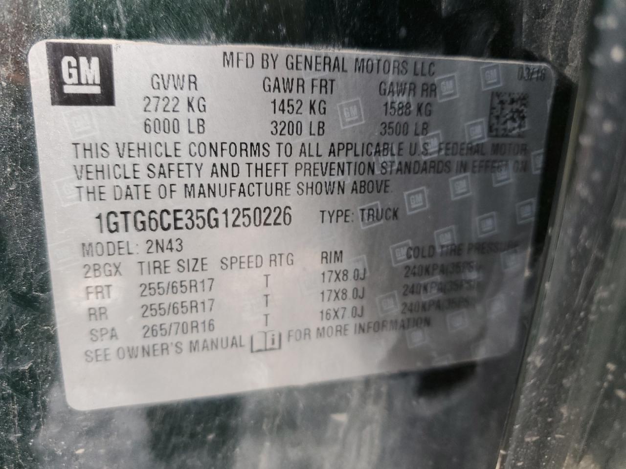 2016 GMC Canyon Sle VIN: 1GTG6CE35G1250226 Lot: 45535845