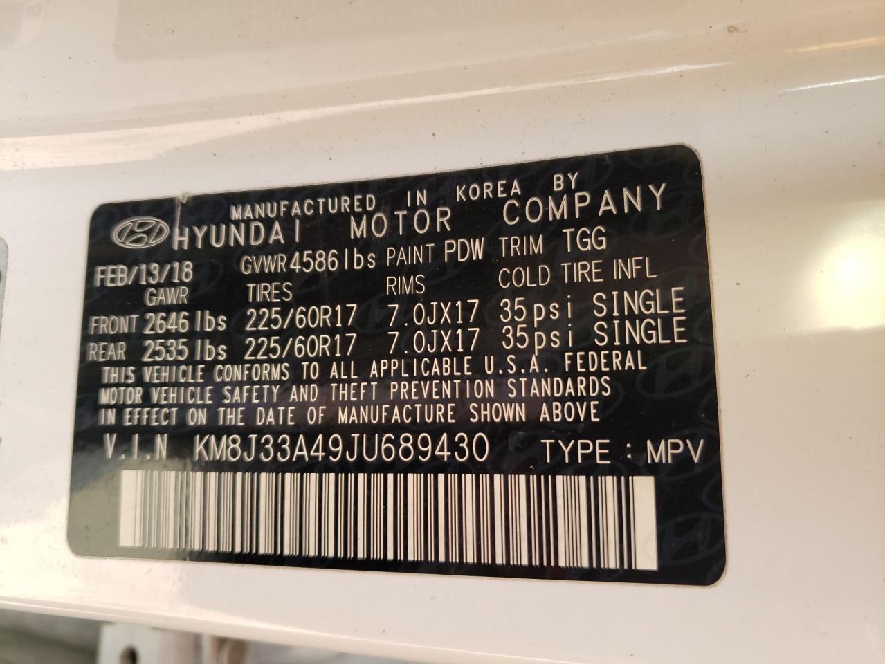 2018 Hyundai Tucson Sel VIN: KM8J33A49JU689430 Lot: 43832245