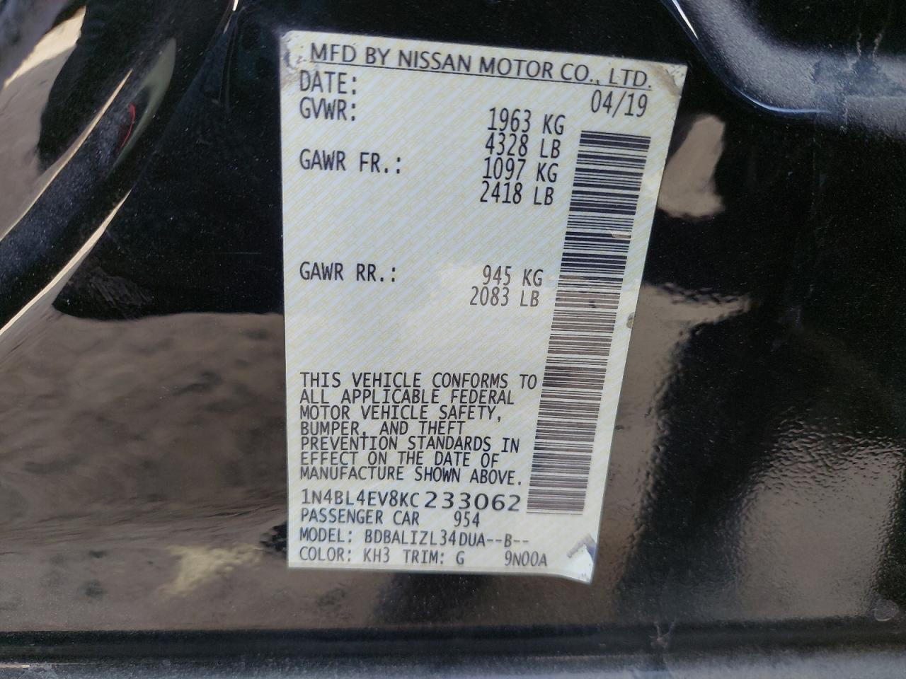 1N4BL4EV8KC233062 - 2019 Nissan ALTIMA - #44280485
