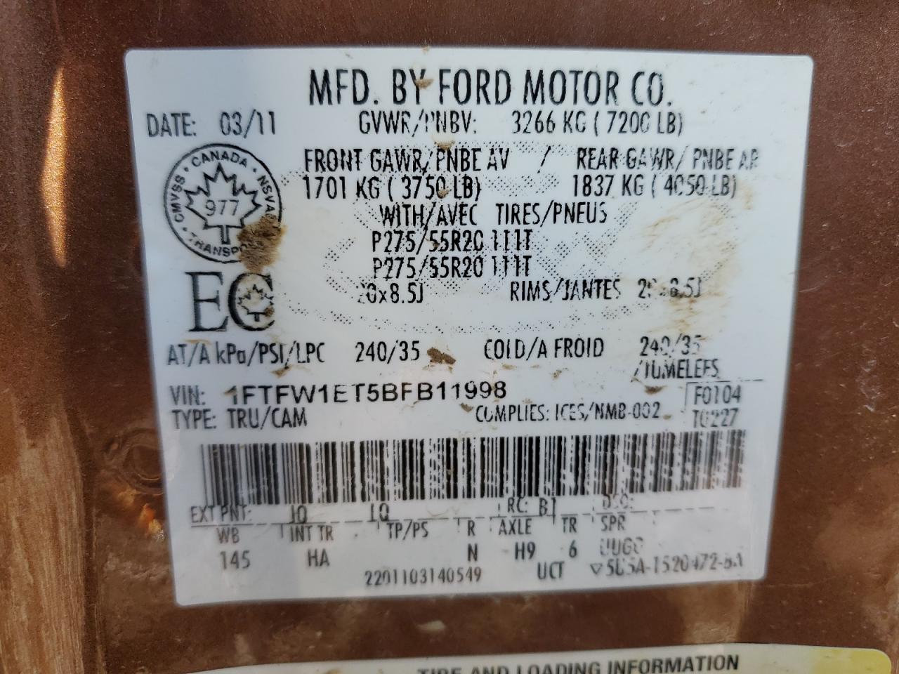 2011 Ford F150 Supercrew VIN: 1FTFW1ET5BFB11998 Lot: 44405495