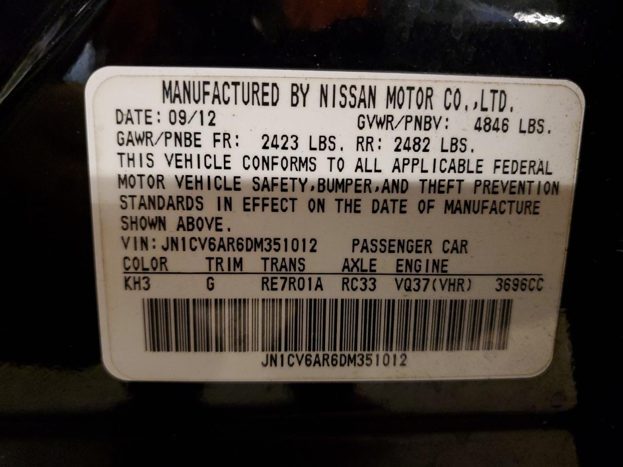 2013 Infiniti G37 VIN: JN1CV6AR6DM351012 Lot: 44178555