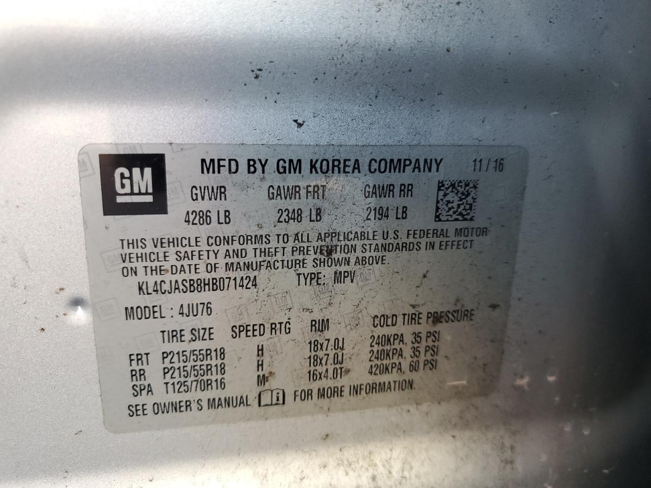 2017 Buick Encore Preferred VIN: KL4CJASB8HB071424 Lot: 44187045