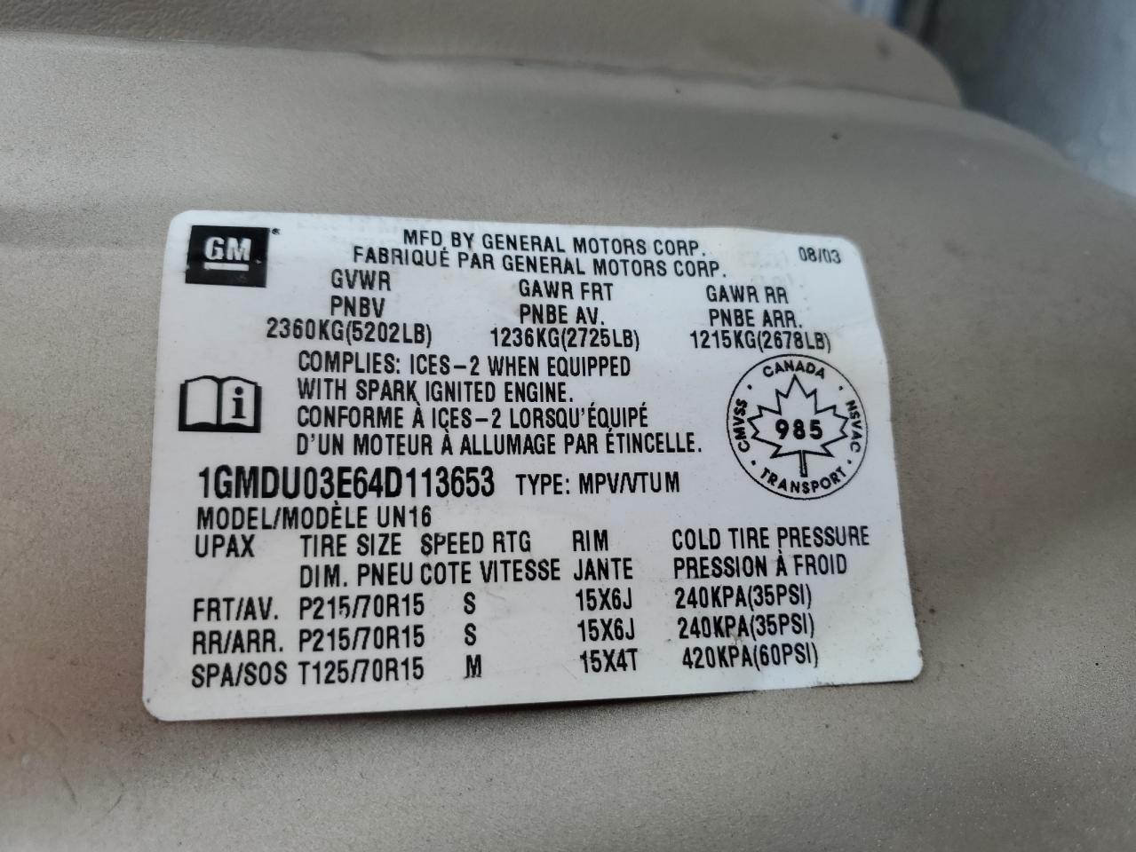 2004 Pontiac Montana VIN: 1GMDU03E64D113653 Lot: 43993815