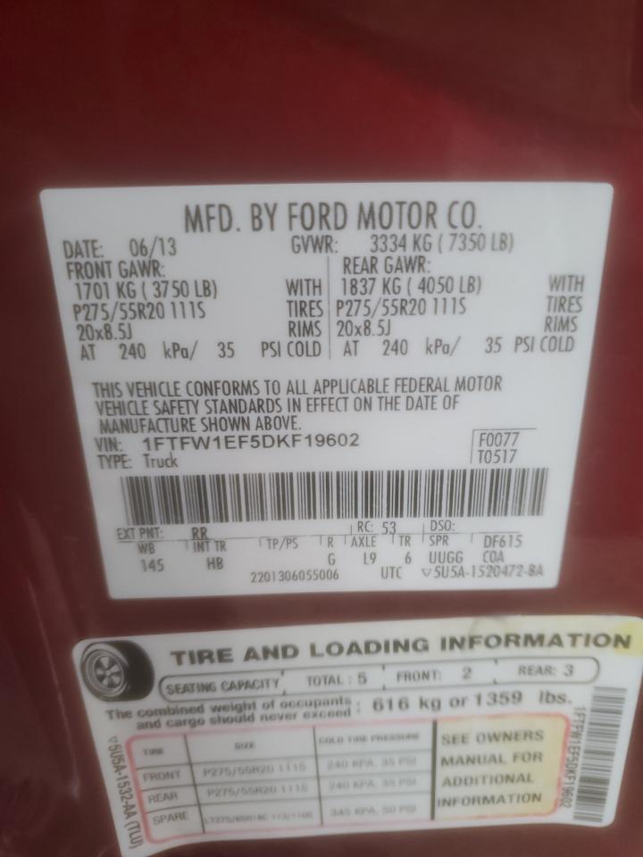 2013 Ford F150 Supercrew VIN: 1FTFW1EF5DKF19602 Lot: 44228755
