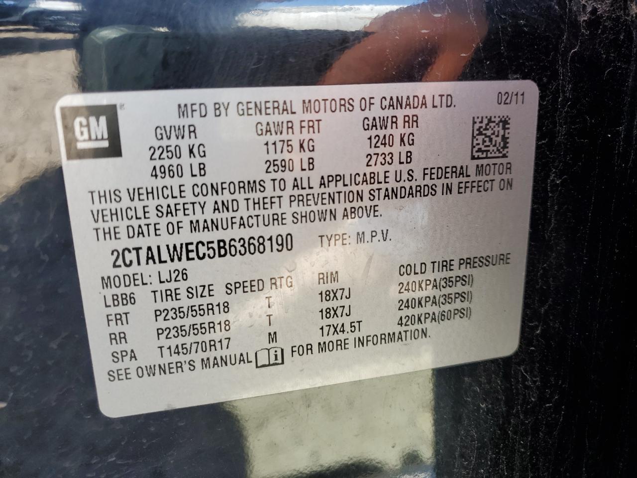 2011 GMC Terrain Slt VIN: 2CTALWEC5B6368190 Lot: 44023185