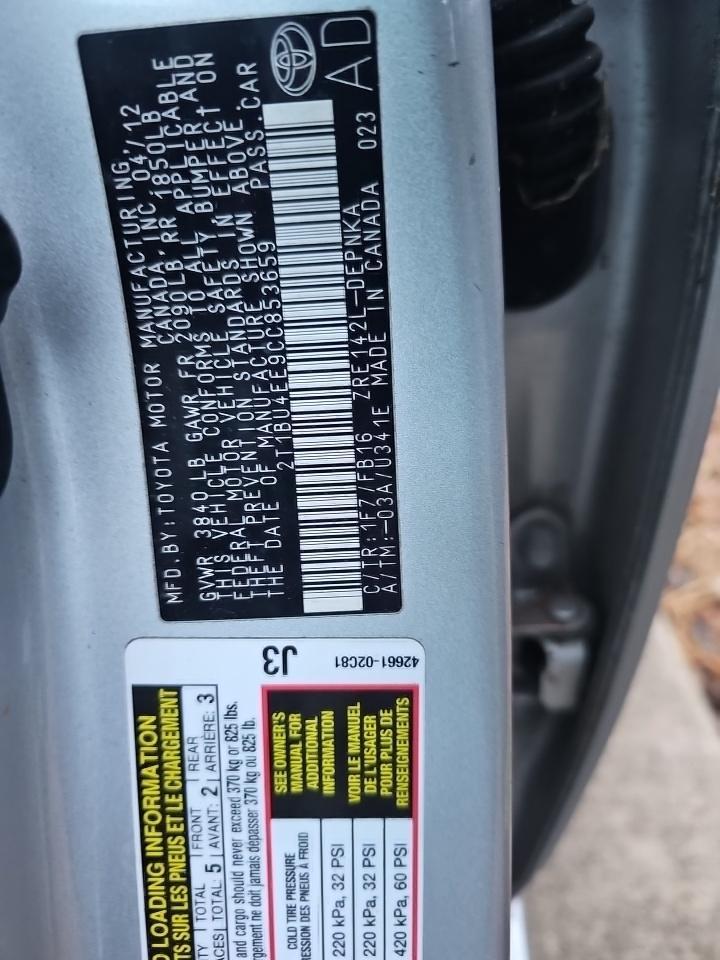 2012 Toyota Corolla Base VIN: 2T1BU4EE9CC853659 Lot: 84450285