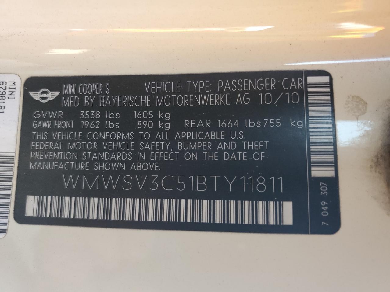 2011 Mini Cooper S VIN: WMWSV3C51BTY11811 Lot: 46376655