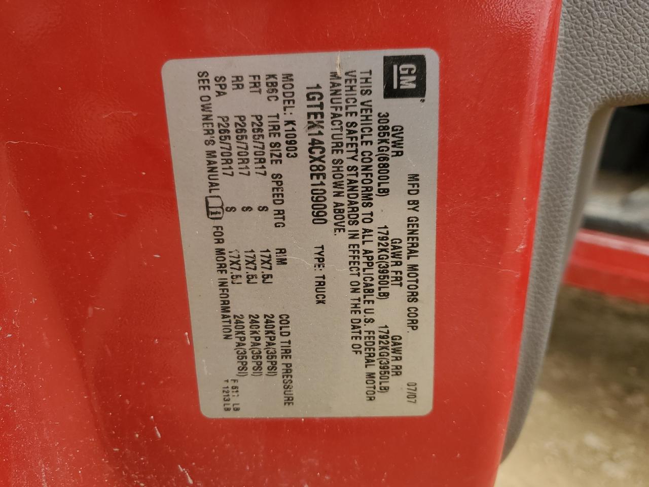 2008 GMC Sierra K1500 VIN: 1GTEK14CX8E109090 Lot: 44439015