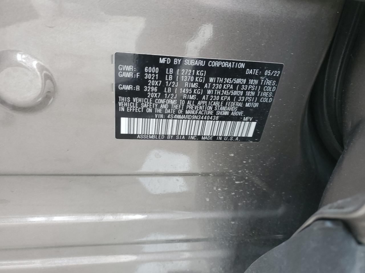 2022 Subaru Ascent Touring VIN: 4S4WMARD9N3440438 Lot: 46929705