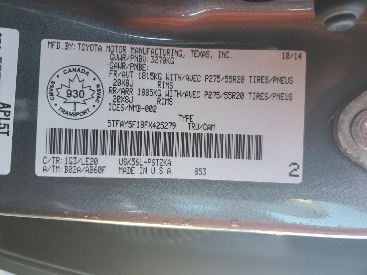 2015 Toyota Tundra Crewmax 1794 VIN: 5TFAY5F18FX425279 Lot: 57898005