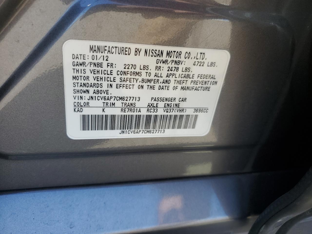 2012 Infiniti G37 Base VIN: JN1CV6AP7CM627713 Lot: 46950245