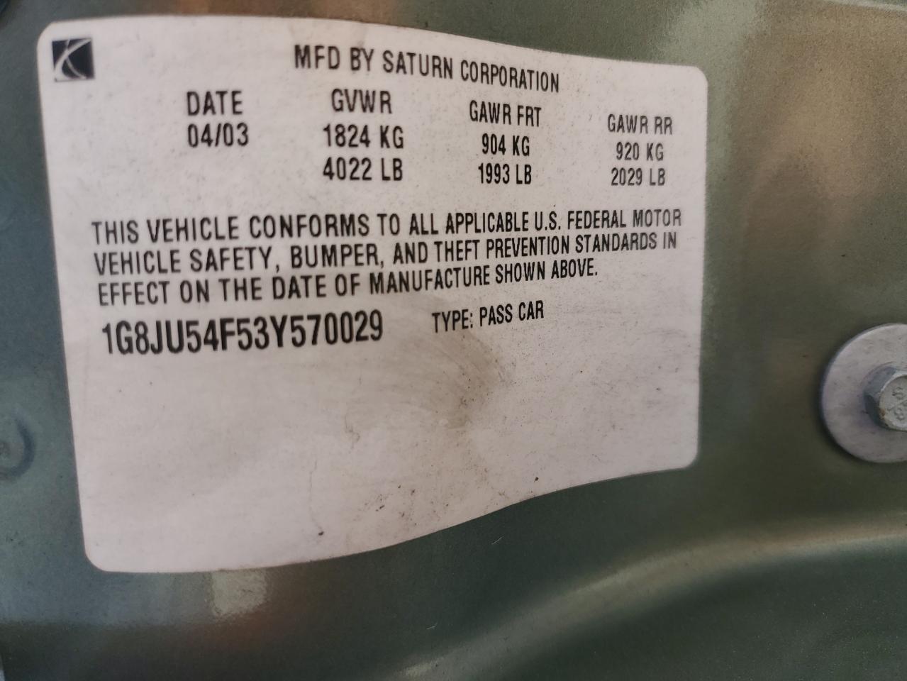 2003 Saturn L200 VIN: 1G8JU54F53Y570029 Lot: 44305195