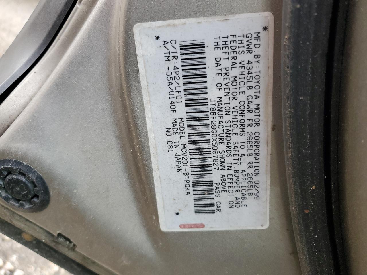 1999 Lexus Es 300 VIN: JT8BF28G0X5067827 Lot: 44329305