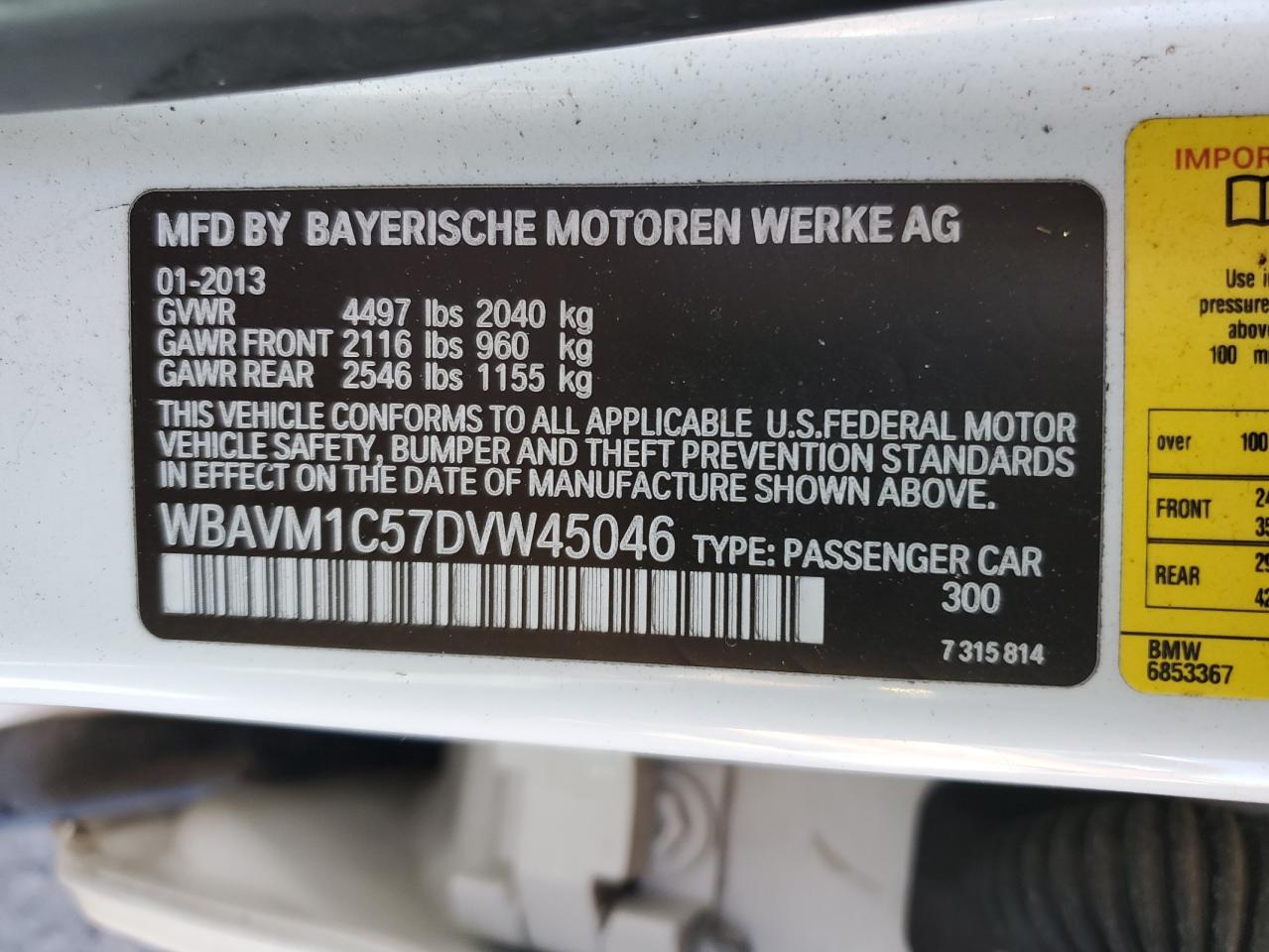 2013 BMW X1 Sdrive28I VIN: WBAVM1C57DVW45046 Lot: 65501325