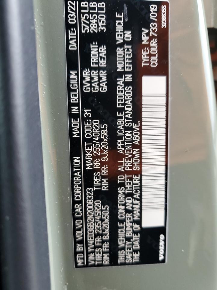2022 Volvo C40 P8 Recharge Ultimate VIN: YV4ED3GB2N2008323 Lot: 43647245