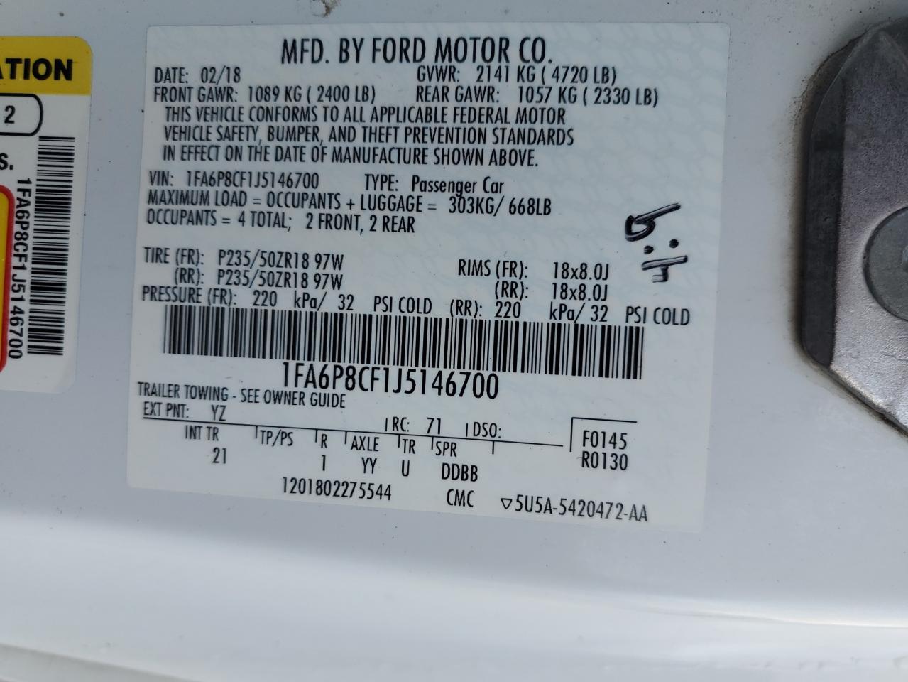 2018 Ford Mustang Gt VIN: 1FA6P8CF1J5146700 Lot: 44386735