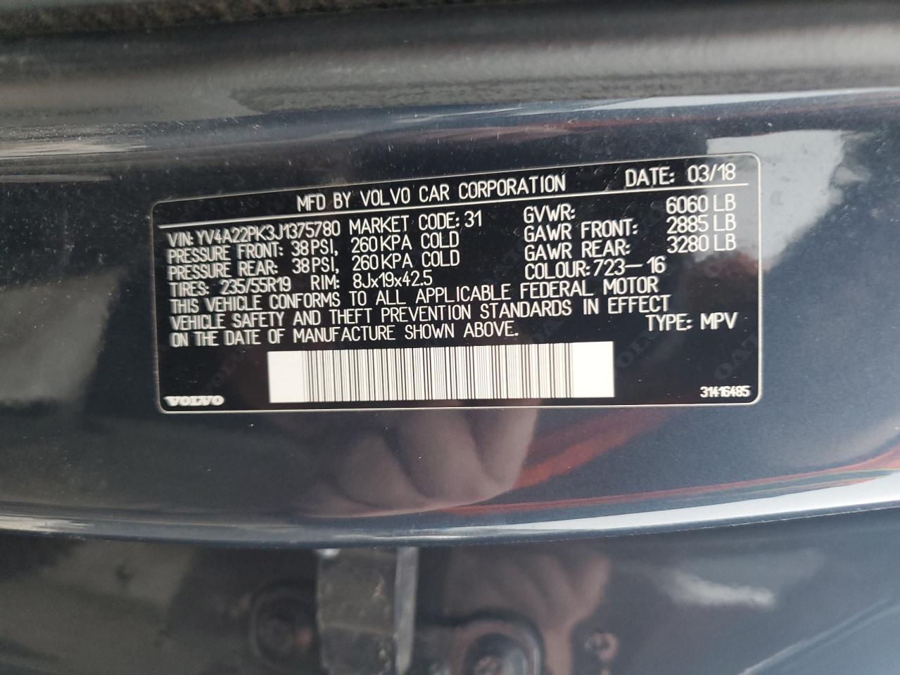 2018 Volvo Xc90 T6 VIN: YV4A22PK3J1375780 Lot: 46305435